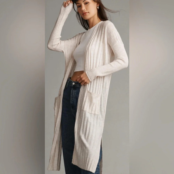 Pilcro Ribbed Duster Open Cardigan Sweater Cream Size Large - Picture 1 of 12